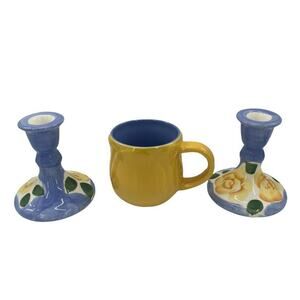 Hand Painted Easter Floral Ceramic Taper Candle Holders & Creamer Set of 3